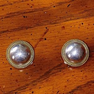 Disc Clip On Sterling Silver Mexico Two Tone Vintage Earrings